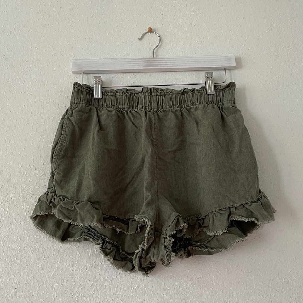 aerie Ruffle Shorts Linen Blend Washed Look Pull On Short Green Size Medium